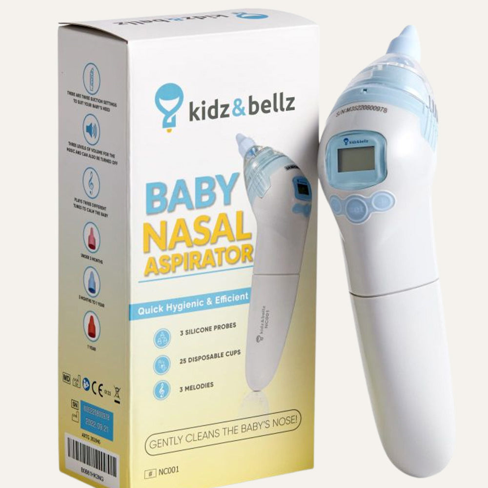 Kidz  & Bellz Nasal AspiratorTGA-Registered Electric Nasal Aspirator for Babies – Safe and effective mucus removal with 3 suction levels, soft silicone tips for all ages, and soothing built-in melodies. Includes 25 reusable mucus cups, batteries, and an 18-month warranty, making it the trusted choice for Australian parents