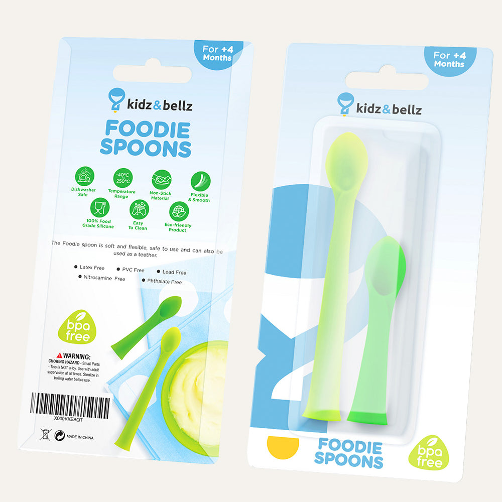 Baby's First Silicone Feeding Spoon and Teether – Made from 100% food-grade silicone, combining a soft, gum-friendly spoon for safe feeding and a textured teether to soothe sore gums. Perfect for babies learning to self-feed., the Foodie Spoon