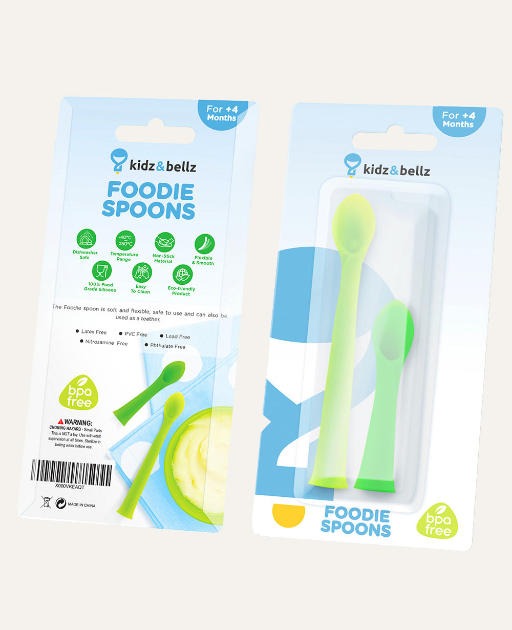 Baby's First Silicone Feeding Spoon and Teether – Made from 100% food-grade silicone, combining a soft, gum-friendly spoon for safe feeding and a textured teether to soothe sore gums. Perfect for babies learning to self-feed., the Foodie Spoon
